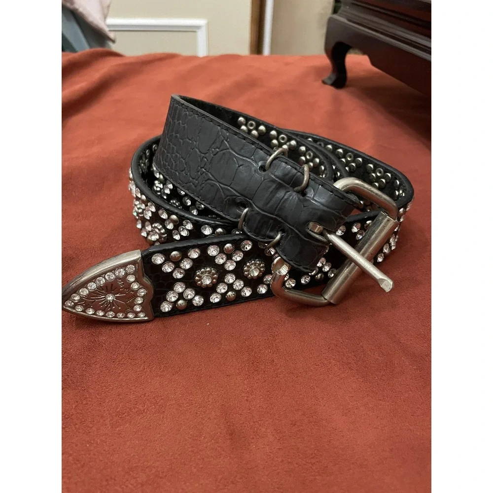 Studded Leather Belt Mens XL Black Rhinestone Western Buckle Croc Embossed